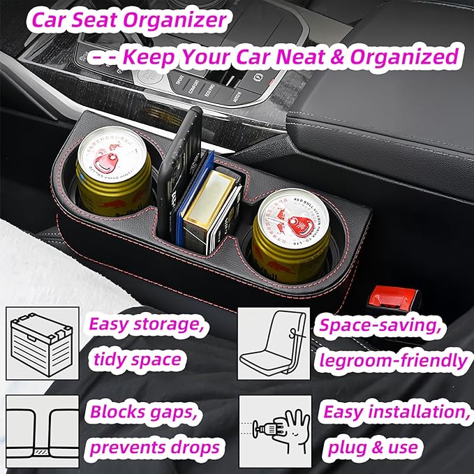 Car Cup Holder Expander & Seat Gap Filler - PU Leather Cover with Stitching, Multifunctional Front Seat Organizer, for Car Truck Van, Holds Large Cups and Phones,Prevent Dropping Items (1 Pack, Gray)