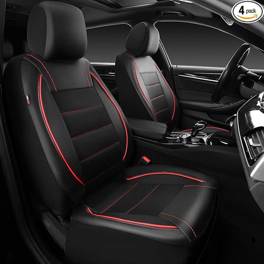 CAR PASS Universal FIT Piping Leather Two Front Seat Covers, Waterproof Faux Leather for SUV Sedan Van Truck, Airbag Compatible,Reserved Opening Holes for Headrest Covers. (Black red)