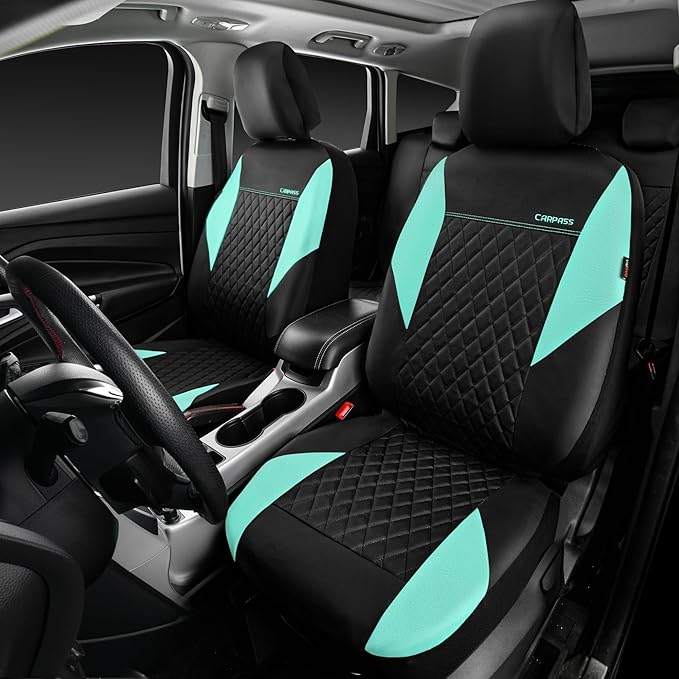 CAR PASS Mint Leather Seat Covers Full Set-Universal Quilting Cute Girly Car Seat Cover with 5mm Composite Sponge Inside,Airbag Compatible,2zipper Bench for Most Sedan,SUV,Truck(Full Set,Mint)