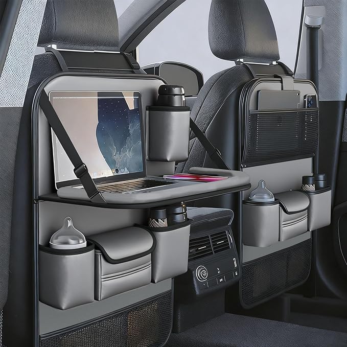 2 Pack Leather Car Backseat Organizer with Foldable Table Tray, Car Storage Organizer with Tablet Holder, Car Seat Back Protectors Kick MatsTravel Accessories