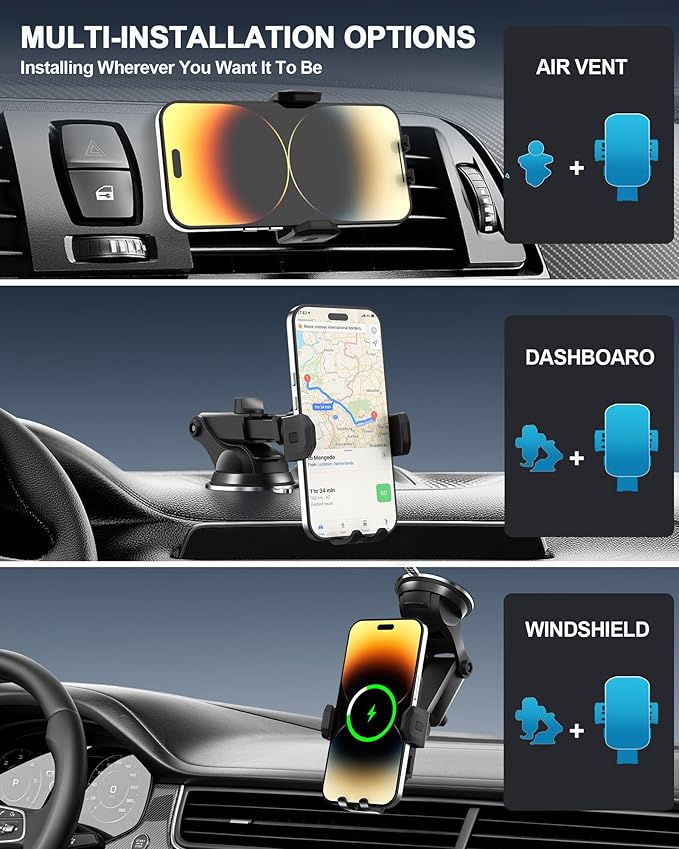 Wireless Car Charger,15W Fast Charging Auto Clamping Phone Holders for Your Car Compatible with iPhone 16/15/14/13, for Samsung Galaxy S24 Ultra S23 S22 S21, S20, S10+