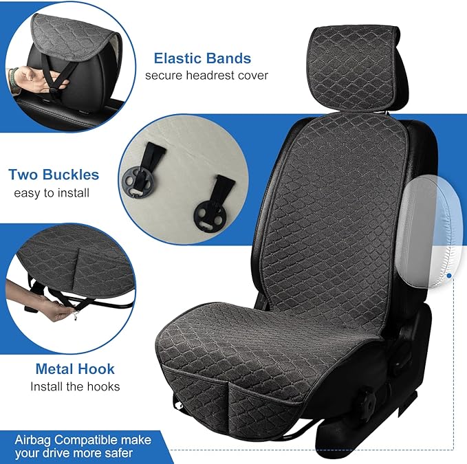 Linen Car Seat Covers for Cars, Front Car Seat Cover Protectors with Storage Bags, Anti-Slip & Soft Automotive Seat Cushion Universal Fit for Most Sedan, SUVs, Vehicles (Deep Grey)