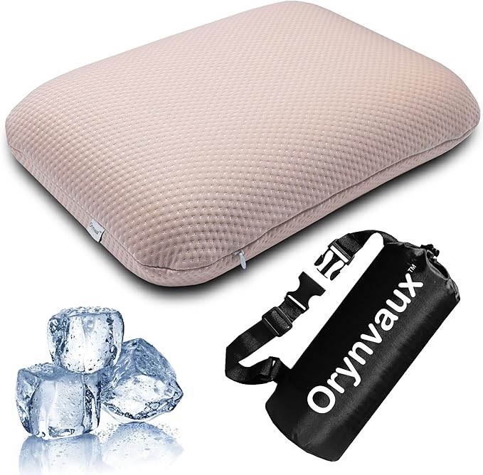 Cooling Camping Pillow, Memory Foam Travel Pillow with Adjustable Buckle Strap & Storage Bag, Compact Small Pillow for Airplane, Car Lumbar, Office, Washable Cooling Cover, Sakura Pink