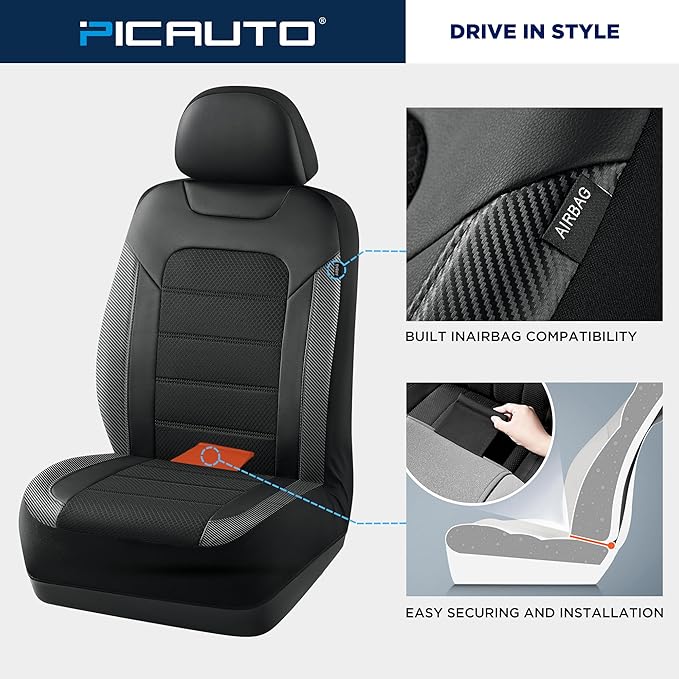 PIC AUTO Car Seat Covers, Premium Leather and Air Mesh with Carbon Fiber Automotive Sports Seat Covers, Two Front Set, Airbag Compatible Universal Fits Most Cars, SUVs, Trucks and Vans (Black & Black)