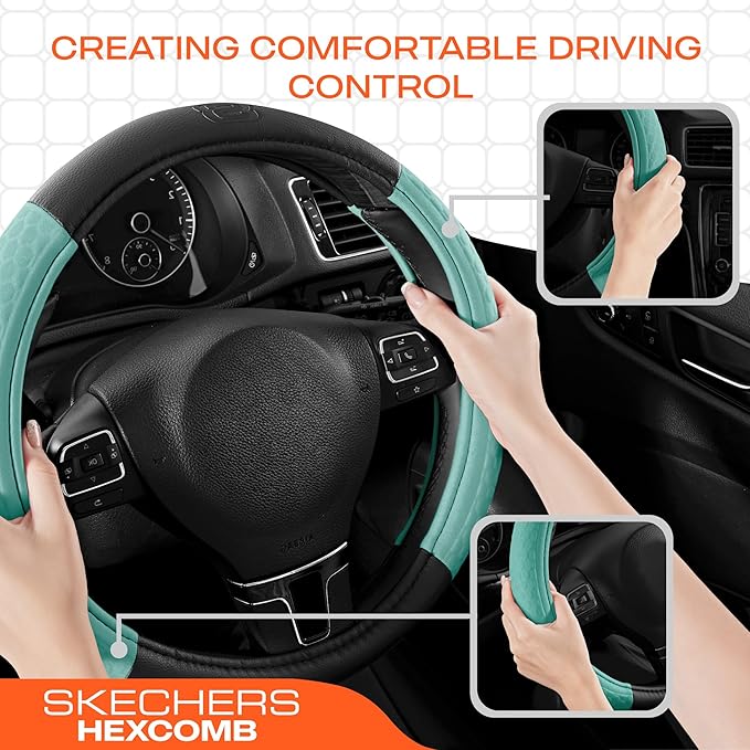 Skechers Steering Wheel Cover,Leather Steering Wheel Cover Hexcomb Design Embedded TPE Steering Wheel Universal Fit 14" 1/2-15" Car Wheel Protector for Men Women Fit Suvs,Vans,Sedans,Car,Trucks,Mint