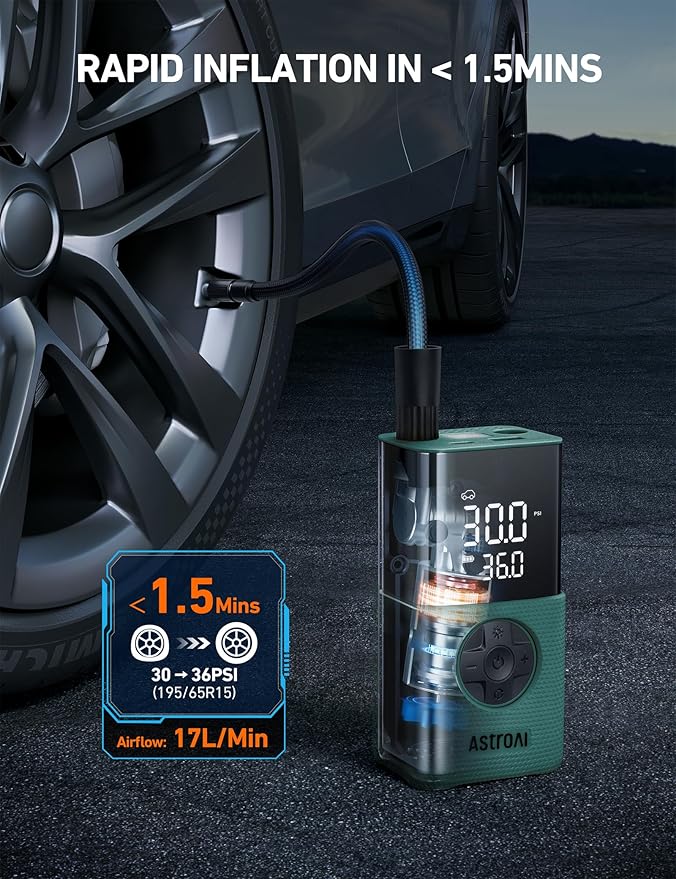 AstroAI Tire Inflator L7S Portable Air Compressor Cordless Bike Pump with Digital Dual Values Display, 150 PSI Car Tires Pump with LED Lights Air Pump for Cars, Motorcycles, Bikes, Balls Green