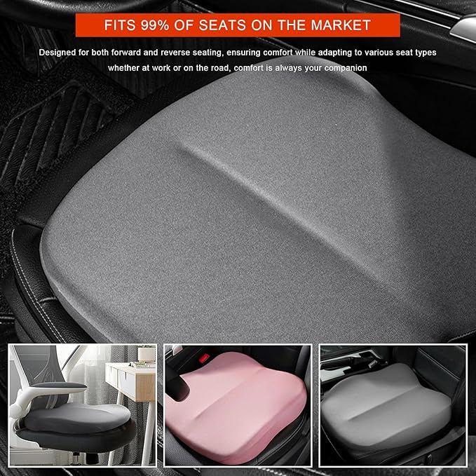 Car Seat Cushion, Ergonomic Memory Foam Auto Seat Boost Mat for Short People Driving, Non-Slip Driver Seats Height Cushion Office Chair Pillow for Tailbone Back Pain Relief (Gray)