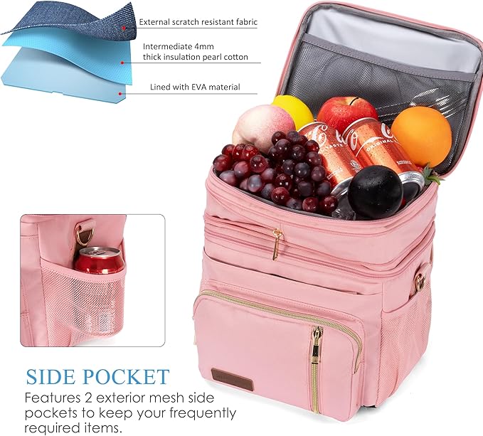 MIYCOO Lunch Bag & Lunch Box for Women Men Double Deck - Leakproof Insulated Soft Large Adult Lunch Cooler Bag for Work, Beach, Picnic, Camping, Travel (Pink,15L)