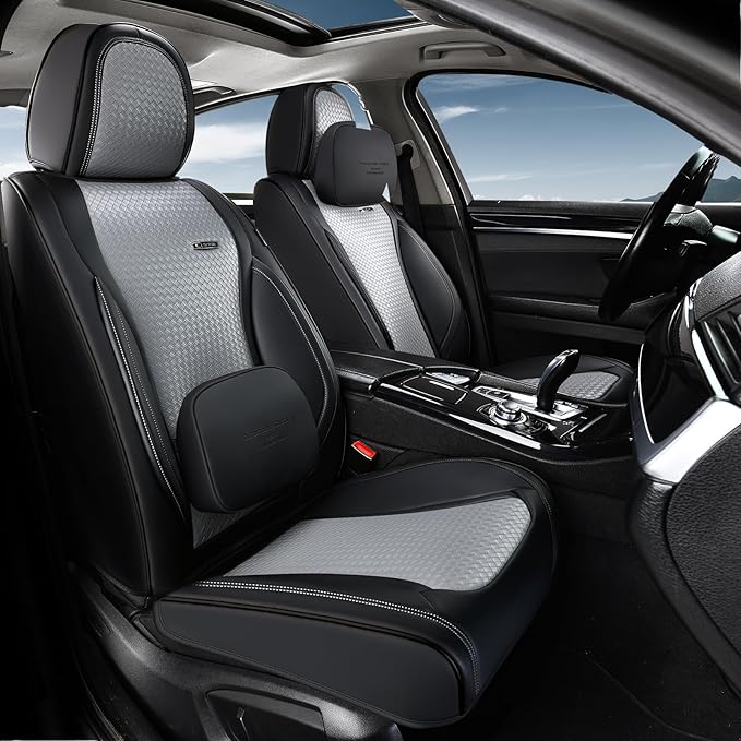 Coverado Car Seat Covers Full Set, Black Gray Seat Covers for Cars, Waterproof Nappa Leather Automotive Seat Covers with Lumbar Head Pillow, Car Seat Protectors, Universal Fit for Most Cars SUV