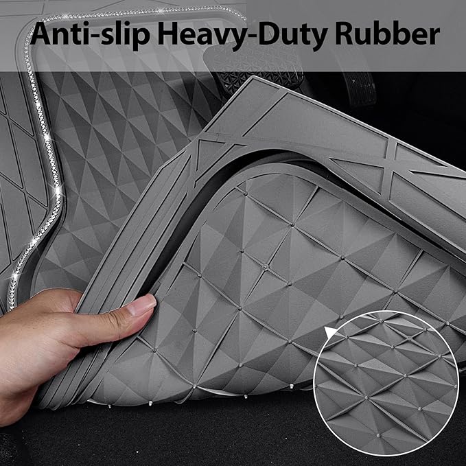 CAR PASS Bling Diamond Rubber Car Mats, Heavy Duty Deep Dish All-Weather Floor Mat Full Set Anti-Slip 3D Rhombus Waterproof Trim Fit Liner Universal Glitter Sparkly Shining Rhinestone, Gray Rubber