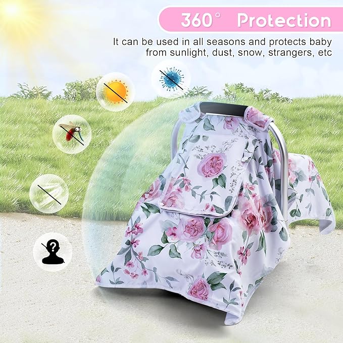 Baby Car Seat Cover, Infant Car Seat Cover with 2 Layer Windows, Breathable Baby Carrier Sun Shade Cover, Windproof Car Seat Canopy Weather Shield for Newborn