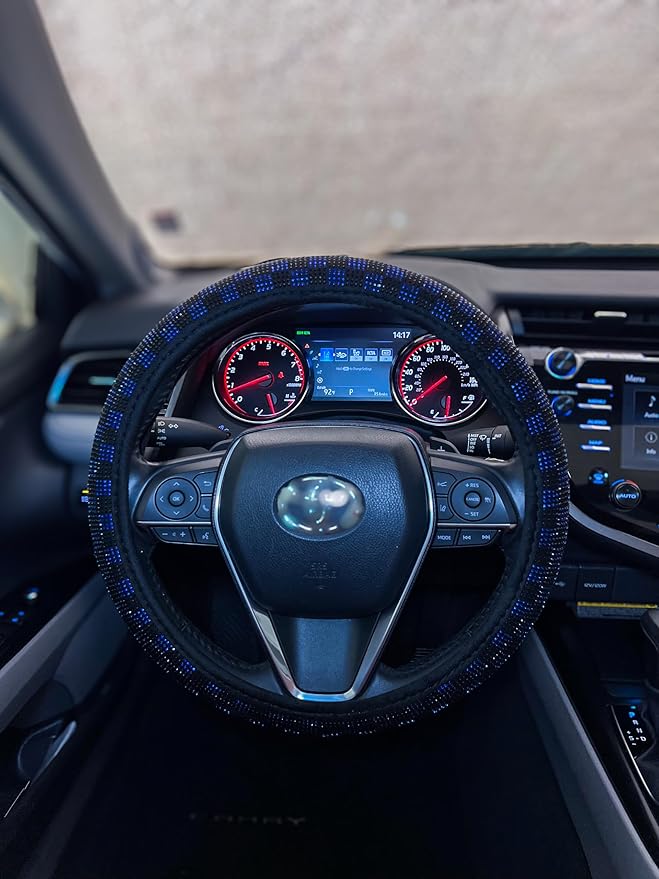 Lord AutoFashion Luxury Universal Steering Wheel Cover 15 Inch Rhinestone Crystals Velour Anti-Slip for Women Girls Men Boys Car Accessory Bling Diamonds (Black/Blue JX08)