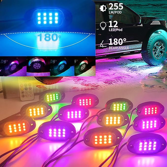 6 Pods RGB+IC LED Rock Lights for UTV ATV Golf Cart Truck SXS SUV RZR, Music Sync Smart Dream Color Chasing Underglow LED Lights for Cars with APP/RF Control, Waterproof Vehicle Underbody Light 12V