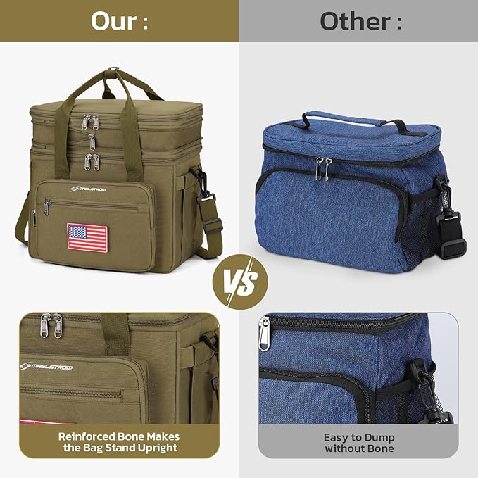 Maelstrom Lunch Box, 23L Insulated Lunch Bag, Expandable Double Deck Cooler Bag, Lightweight Leakproof Tote Bag With Side Tissue Pocket, Suit For Men and Women (H Khaki with DIY Hook-and-Loop)