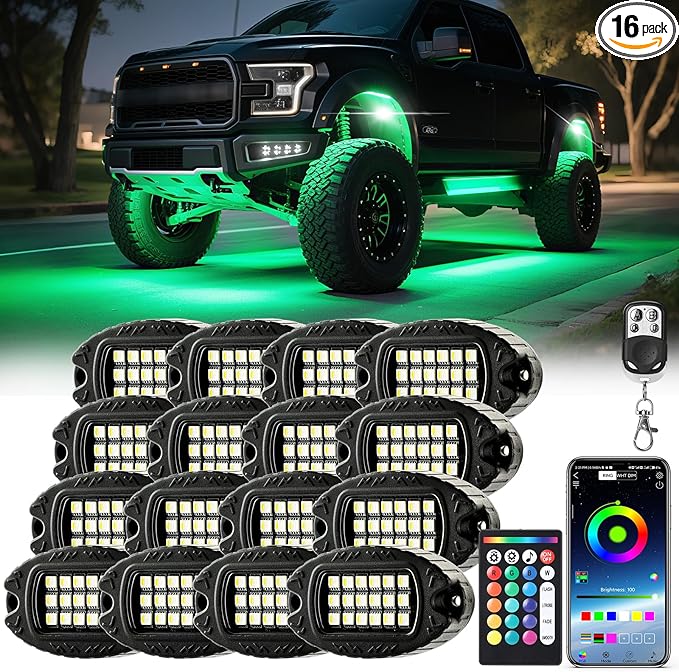 16 Pods RGBW LED Rock Lights for Truck Jeep Wrangler ATV UTV Golf Cart RZR RV Van Boat Offroad SUV Cars Pickup Sedans, Waterproof Multicolor Neon Underglow Kit with APP/RF Remote Music Mode