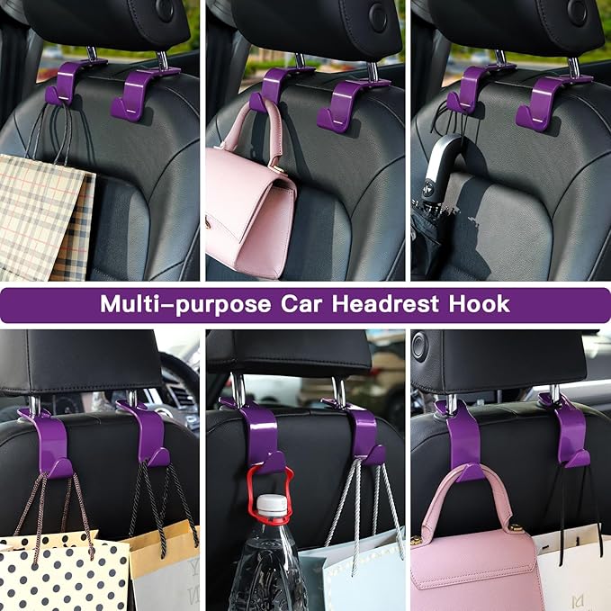 Soleebee 4 Pack Car Headrest Hooks - Universal Auto Hooks, Back Seat Hangers, Storage Organizer (Purple)