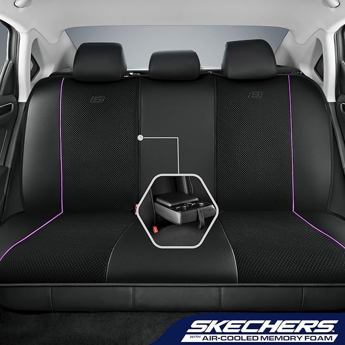 Skechers Air-Cooled Memory Foam Seat Covers,Mesh Thick Car Seat Covers,Piping Leather Car Seat Cover,Airbag Compatible,Automotive Comfort for Most Cars, Vans, Trucks, SUV(Purple, Full Set)
