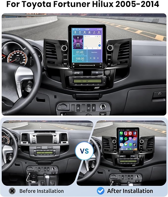 [8 CORE 4G+64G] Car Radio for Toyota Fortuner Hilux 2005-2014 with Wireless Carplay/Android Auto, 9.7 Inch Android 13 IPS Touch Screen Car Stereo, Bluetooth, GPS Navi, WiFi, SWC, DSP + Backup Camera