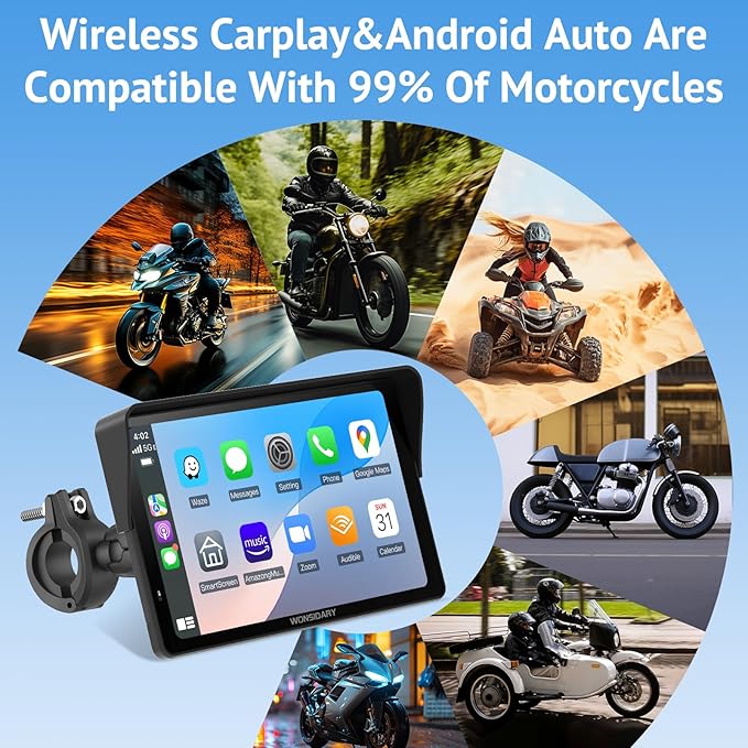 W722 for Motorcycle CarPlay & Android Auto,7" Waterproof Smart GPS Navigation System Screen,Car Play Moto with Light Sensor,Dual Bluetooth,Siri/G-Assist,EQ,USB/Hardwired Power Supply