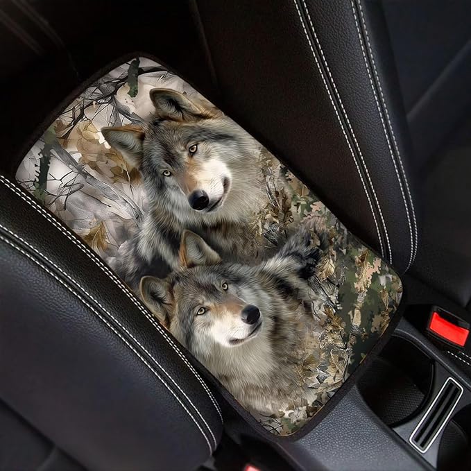 Wolf Print Car Center Console Armrest Cover Camo Hunting Print Armrest Box Cover Center Console Pad Neoprene Car Decor Accessories for Women Men, Easy to Install