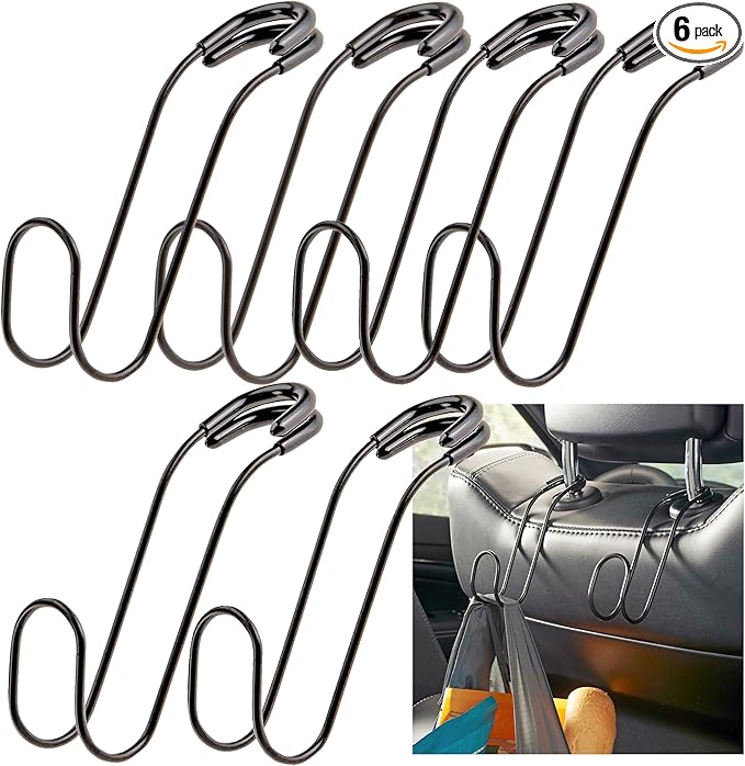 High Road Unbreakable Car Bag Hooks - Large Car Seat Hooks for Purse, Backpack, Coats, Hats and Heavy Bags up to 40 lbs - Secure Attachment Fits All Headrest Posts, 6-Pack