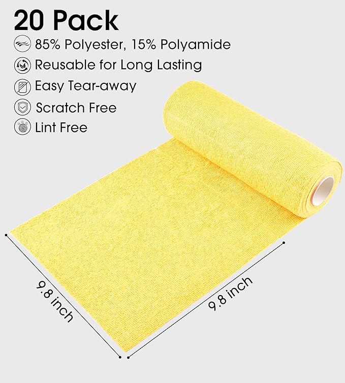 KitchLife Microfiber Cleaning Cloth Roll - Tear-Away Reusable Microfiber Paper Towels, Lint-Free, Washable, 20 Sheets for Kitchen, Car, Dishes, and Sensitive Surfaces (Yellow)