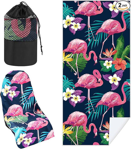 2 Pack Car Seat Towel Covers with Storage Bag 63 x 32 Inch Athletic Running Towel Seat Sweat Washable Non Slip Cover Gift for Car Outdoor Sport Activities (Flamingos)