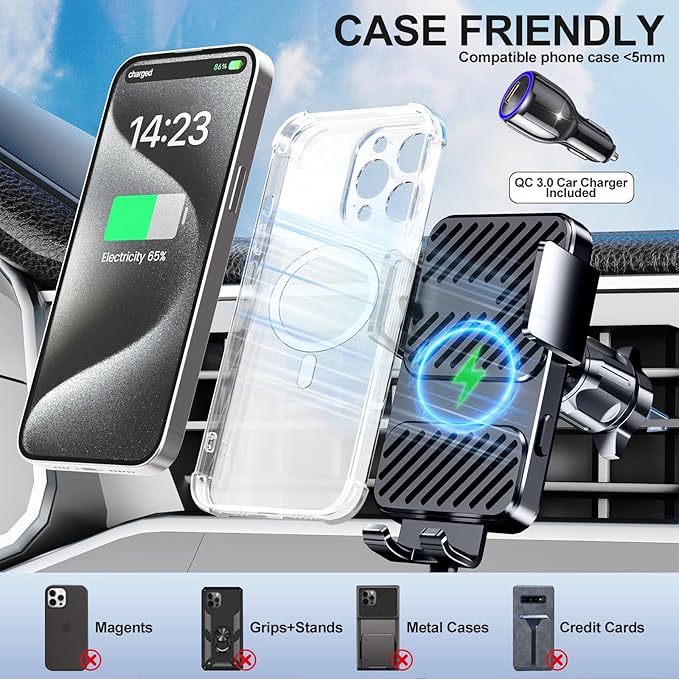 3 in 1 Wireless Car Charger, Phone Holders for Your Car 15W Fast Charging Auto Clamping, Car Phone Mount for iPhone 17 16 15 14 13 Mini Pro Max XR, Samsung Galaxy S25 Ultra S24 S23 S22 S21