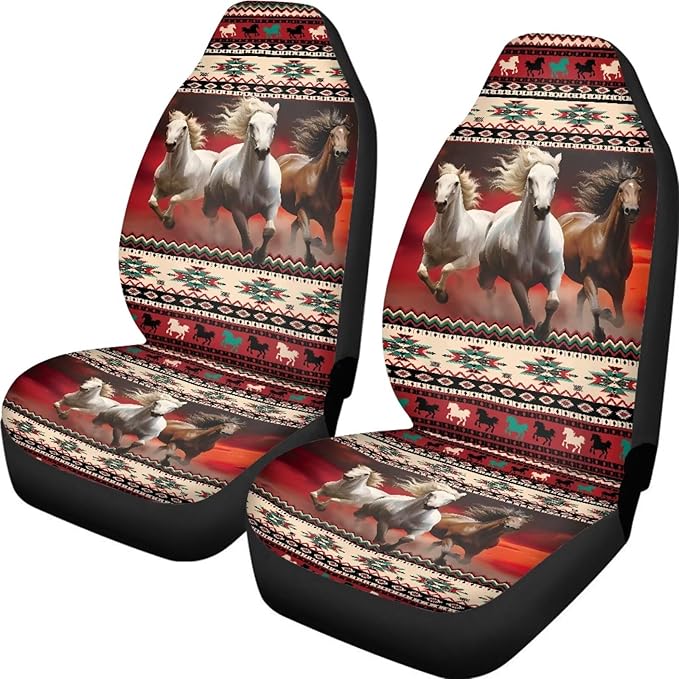 Aztec Ethnic Striped Horse Jigsaw Puzzle Print Car Seat Cover Front Seats Only Full Set of 2, Universal Bucket High Back Car Front Seat Covers
