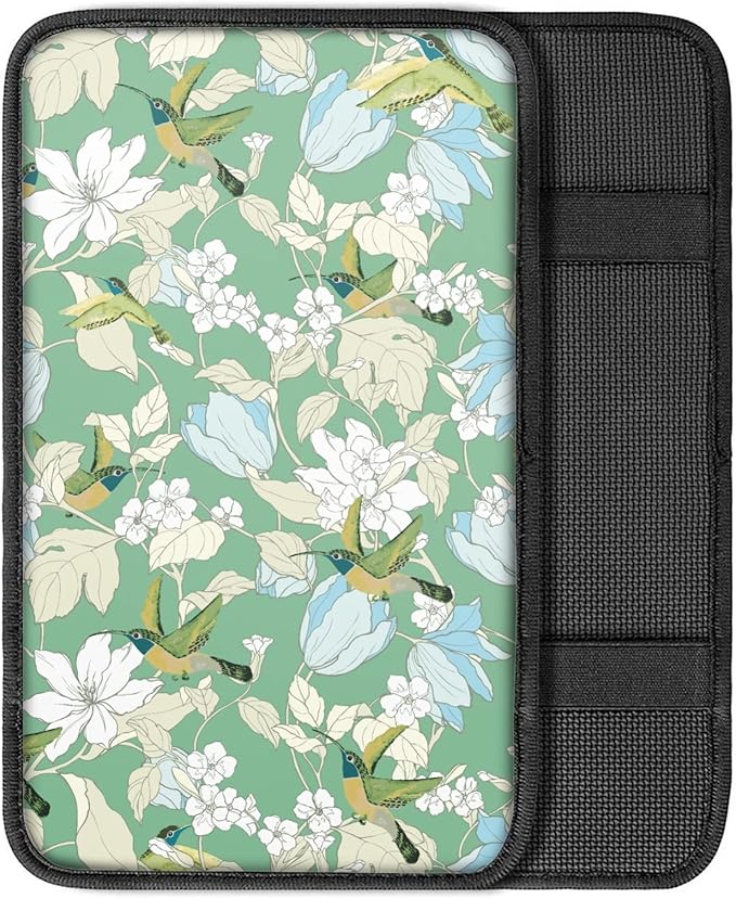 Coldinair Green Hummingbird Floral Car Armrest Cover,Auto Center Console Pad,Soft Seat Cover Protector Cushion,Car Accessories Decor for Most Cars,Sedan,Truck,SUV