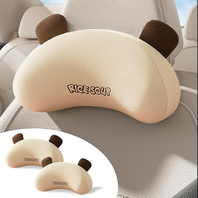 Cute Panda Car Neck Pillow & Lumbar Support Memory Foam Cushion for Driving Adjustable Headrest Waist Pillow for Most Seats (Brown, Headrest 2Pcs)
