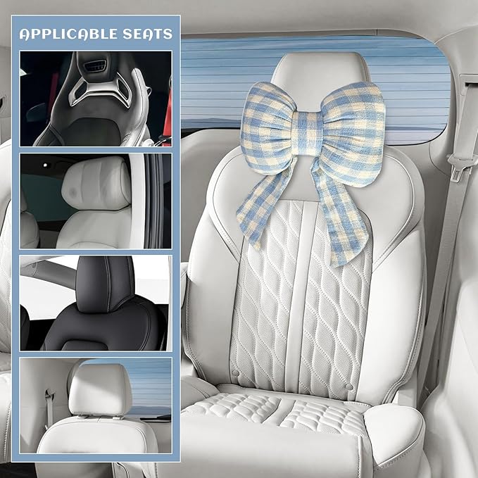 Sun Walker Bow Car Headrest Pillow, Breathable Bow-Shaped Vehicle Neck Pillow with Adjustable Strap, Ergonomic Neck Support Cushion Driving Seat Decoration for Women Girls (Blue & White)