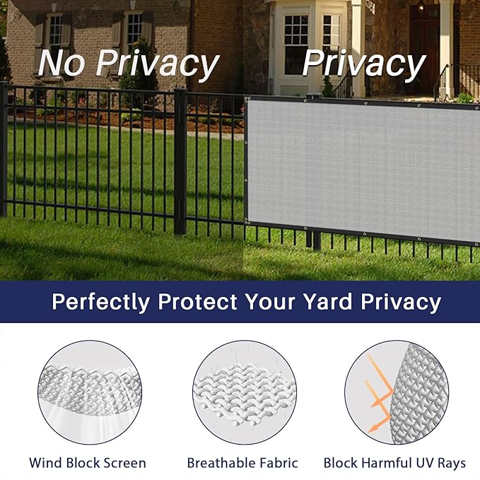 Windscreen4less Privacy Fence Screen Heavy Duty Windscreen Fencing Mesh Fabric Shade Net Cover with Brass Grommtes for Outdoor Wall Garden Yard Pool Deck, 8'x89' Light Gray