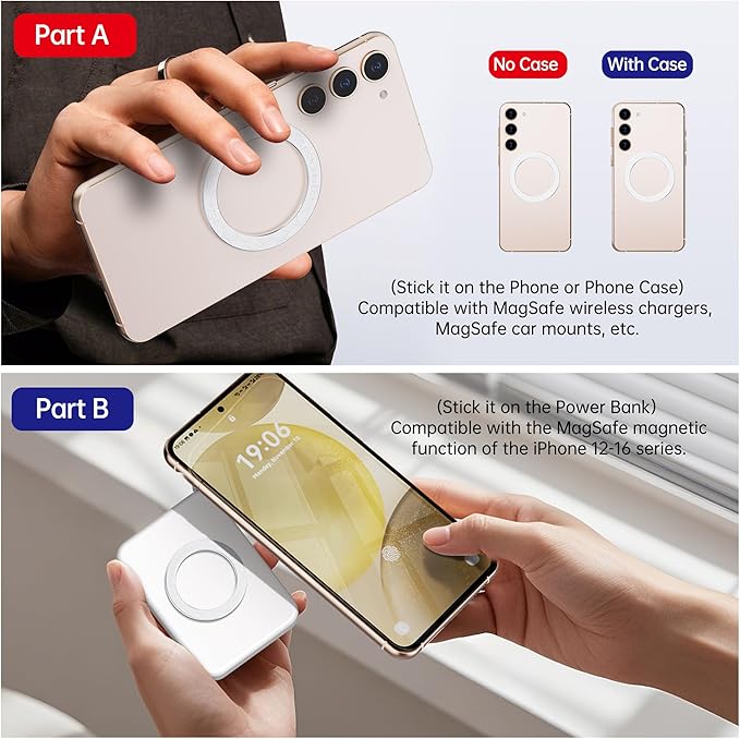 pzoz A/B Dual-Sided (1 Set) Magnetic Ring Sticker for MagSafe iPhone 16 Holder Phone Case Suction Cup Wireless Charger Car Mount Bathroom Kitchen, for iPhone 15 14 13 12 Pro Max, Samsung (White)