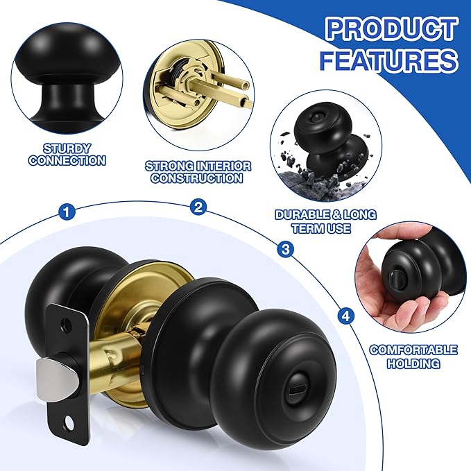 Plustool 8 Pack Matte Black Door Knobs, Privacy Door Knob with Lock, Interior Doorknobs with Round Ball, Keyless Door Lockset for Bedrooms Bathrooms
