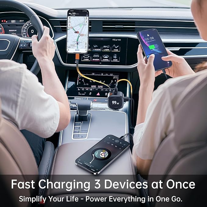 Retractable USB C Car Charger Fast Charging, 99W Car Phone Charger with Retractable Cable Dual Port PD & QC 3.0 12V/24V Car USB Adapter for iPhone 17/16/15 Pro Max, Samsung Galaxy S26, Android
