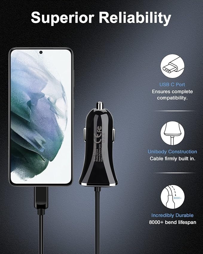 USB Type C Car Charger, 2Pack 3.4A/3ft USBC Car Charger Adapter TypeC Power Cable Line for iPhone 17e/17/16E/16/16 Pro/15 Pro Max Plus Samsung Galaxy A17 5G S26 S25 S24 Ultra A16 Google Pixel