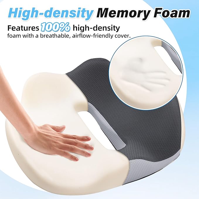 VUSIGN X-Large Seat Cushion for Truck & Car Drivers, Memory Foam Seat Cushion for Long Driving, Sciatica & Tailbone Pain Relief, Ergonomic Back Support Cushion with Non-Slip Bottom & Washable Cover