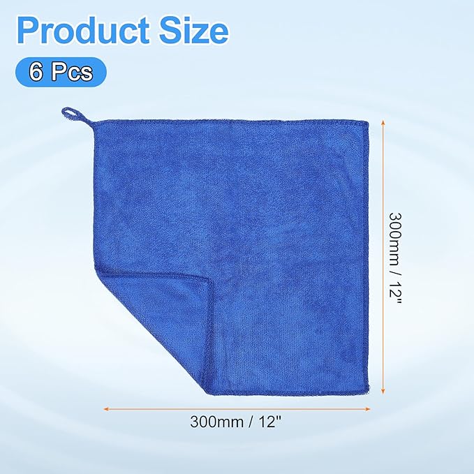 HARFINGTON 6 Pack Microfiber Cleaning Cloth, 12" x 12" Multi-Functional Cleaning Towels Reusable Absorbent Rags with Hook for Car Wash Kitchen Household Window Clean, Sapphire Blue