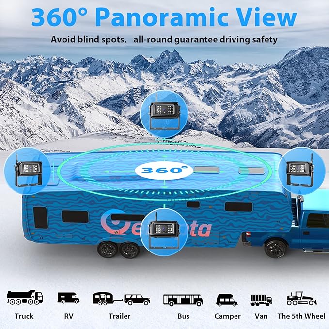 eRapta Wireless Backup Camera System AWX101, Stable Signal 10'' HD with Quad Split Monitor Recording, IP69K Rear View Camera for Truck Trailer Van etc