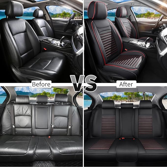 Car Seat Covers Full Set Fit for Toyota C-HR 2018-2022, Premium Faux Leather Car Seat Protector,Breathable Anti-Slip Full Wrapping Edge Seat Covers(Black&Red,Full Set)