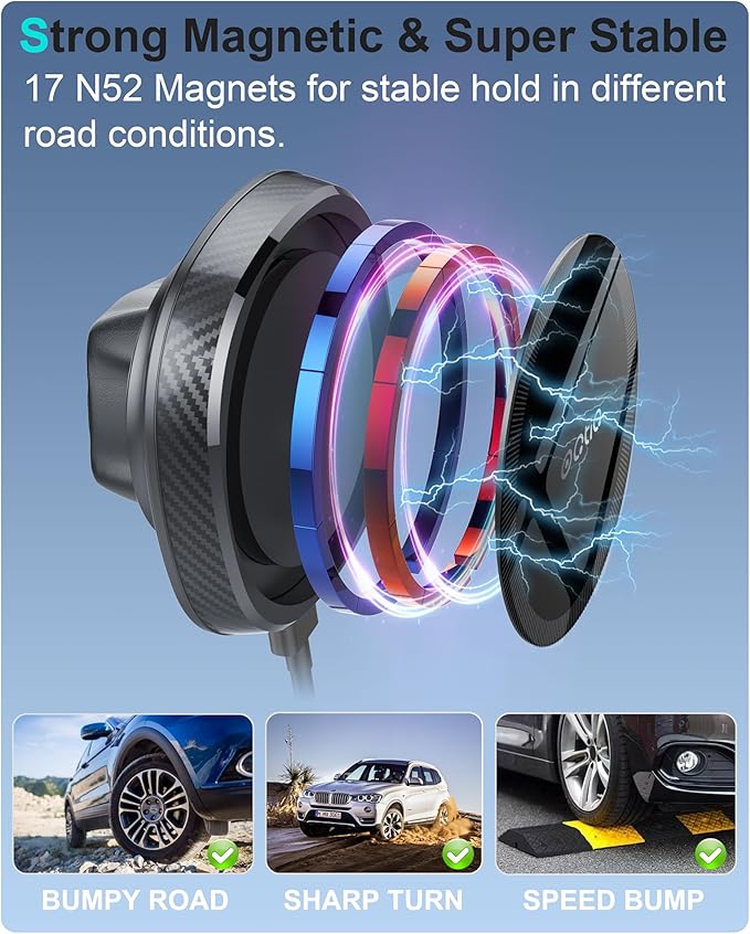 OQTIQ for MagSafe Wireless Car Charger Cup Holder Mount Compatible with iPhone 17/16/15/14/13/12, Magnetic Car Phone Mount 15W Fast Charging Telescopic Arm Heat Dissipation System, with PD 30W Adapter