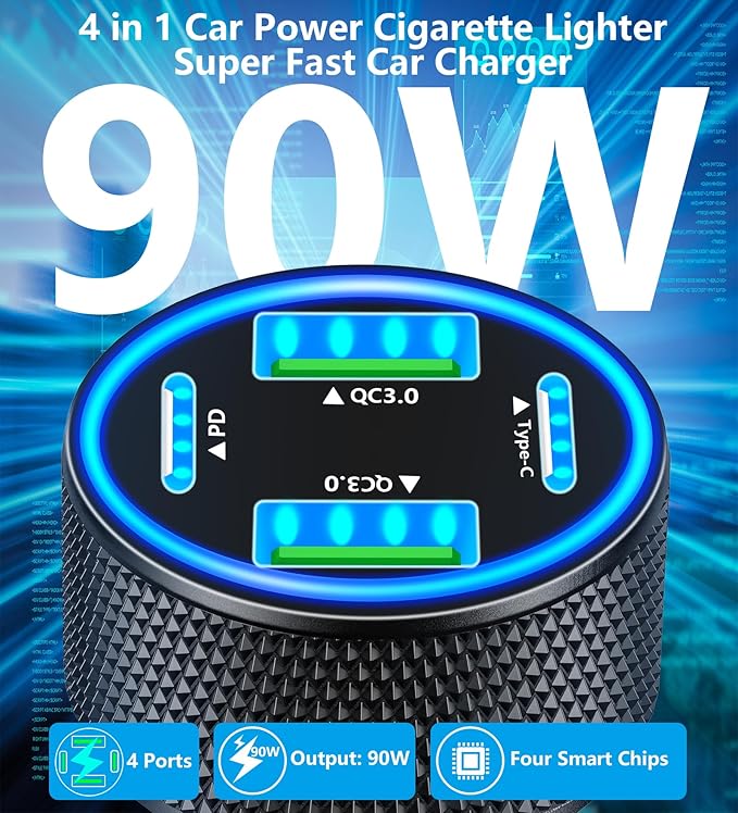 USB C Car Charger, Stuffcool 90W Dual USB-C & USB-A Car Power Adapter 4-Port PD/QC Type C Fast Charge Cigarette Lighter Carplay Charger for iPhone 17 17 Pro Max 16 15 14 13 12 11/Galaxy S26 S25/Pixel