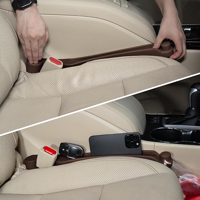 Givifive Car Seat Gap Filler Set of 2, 3IN1 Seat Side Gap Filler Plug with Storage Slot & Hook Function, Soft Foam Universal Fit Car SUV Truck Fill Gap Between Seats Console Organizer（Standard Brown）