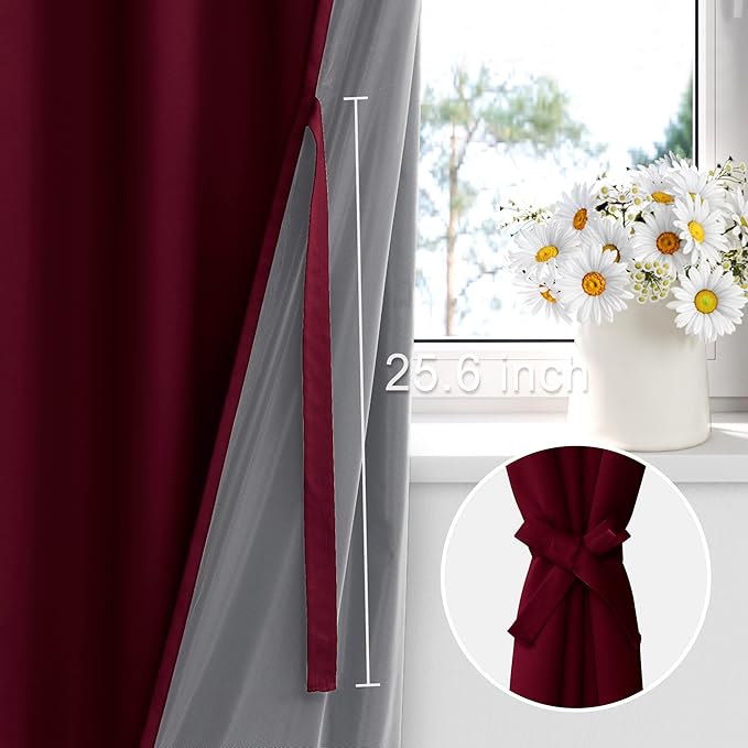 XWZO 100% Blackout Curtains with Tiebacks - Heat and Light Blocking Ring Top Window Drapes with Black Liner Backing for Bedroom Sewn with Tiebacks, Burgundy, W52 x L72, Set of 2