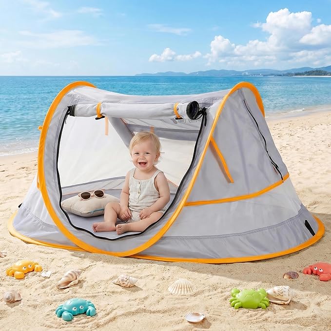 Poray Portable Baby Beach Tent with UPF 50+ Sun Shelter,Mosquito Net and Sunshade, Ideal Pop Up Kids Travel Tent with Carry Bag & 2 Stakes,Outdoor Indoor Play and Sun Protection