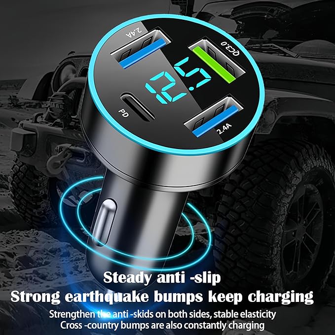 Car Charger Adapter, 4-Port Cigarette Lighter USB Charger Adapter with Voltmeter PD 3.0 & QC 3.0 Car USB Charger Multi Port Accessories Fast Charging for iPhone, Samsung, iPad & Phone Tablets