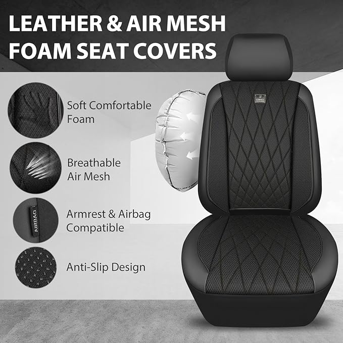CAR PASS Thick Foam 3D Air Mesh Leather Car Seat Covers Front Seats Only, Luxury Breathable Premuim PU Leather Two Front Seat Covers,Airbag Compatible Universal Fit for 95% Sedan Van Truck SUV, Black