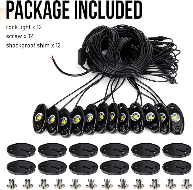 OPP ULITE White LED Rock Lights Kit, 12 Pods Underglow for Jeep Offroad Truck Car ATV SUV Boat Motorcycle Vehicle Under Body Glow Lamp Trail Fender Lighting (12pods Rock W)