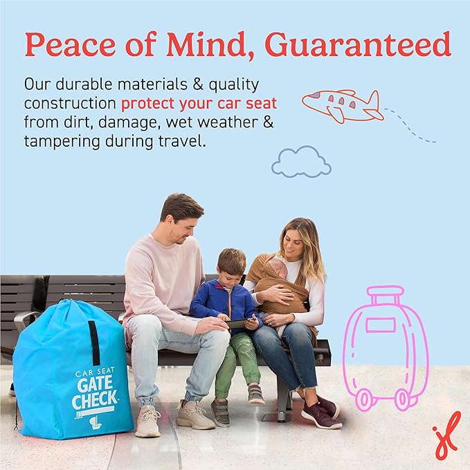 J.L. Childress Gate Check Travel Bag for Car Seats - Car Seat Travel Bag for Airplane, Includes AIRTAG Holder, Fits All Baby Carriers, Infant Carriers & Child Booster Seats - Neon Blue